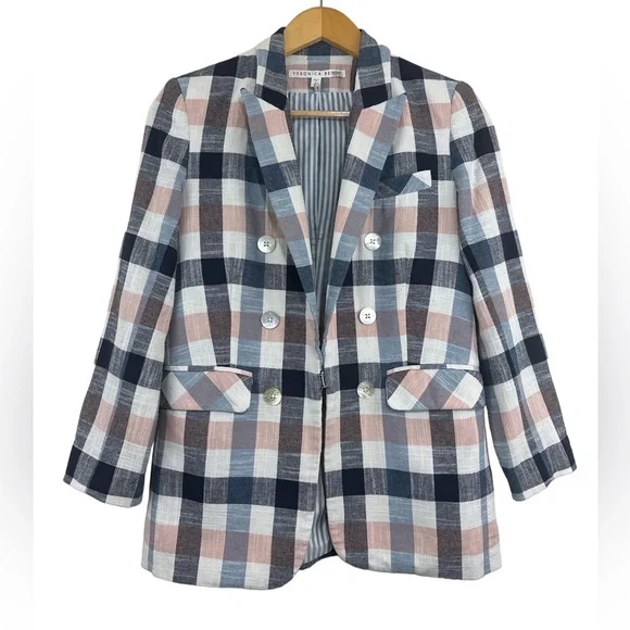 Veronica Beard Upcollar Schoolboy Dickey Blazer Blue Pink Gingham Plaid Size 2 - Picture 4 of 15